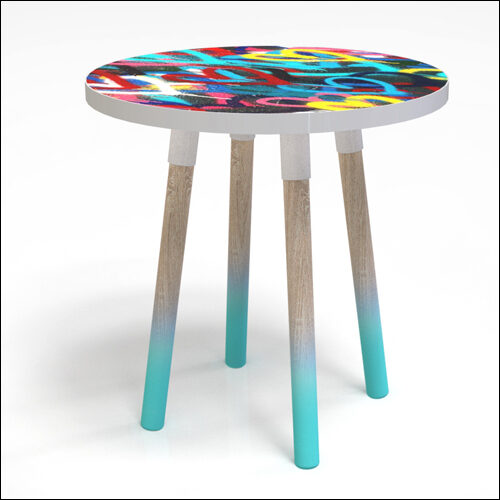 PEGGY-LO-Table-W-GRAFF-TOP-AMOUREUX-BLEU-W-WEATH-OAK-LEGS-001G