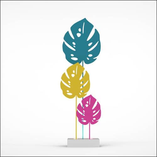 Monstera Upright Palm Design with Low Profile Pedestal (3 Oversized White Palms)