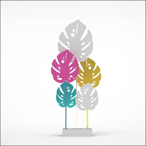 Monstera Upright Palm Design with Low Profile Pedestal (5 Oversized Multi Color Palms)