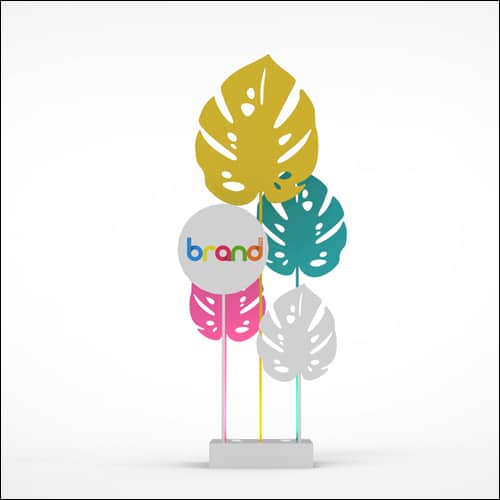 Monstera Upright Palm Design with Low Profile Pedestal (5 Oversized Multi Color Palms with Branding)