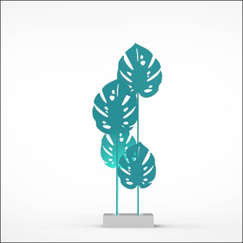 Monstera Upright Palm Design with Low Profile Pedestal (4 Oversized Teal Palms)