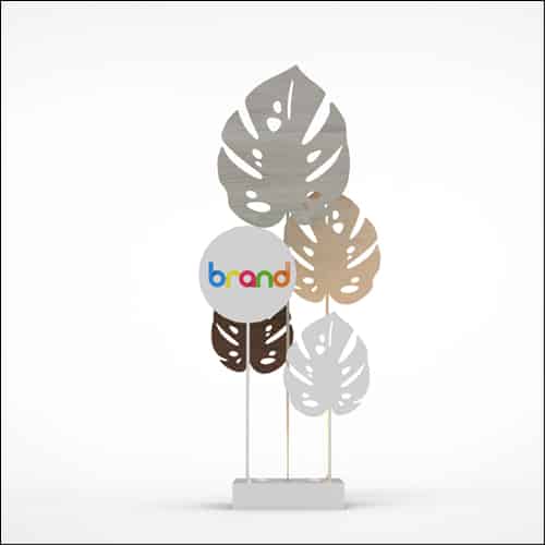 Monstera Upright Palm Design with Low Profile Pedestal (5 Oversized Wooden Palms with Branding)