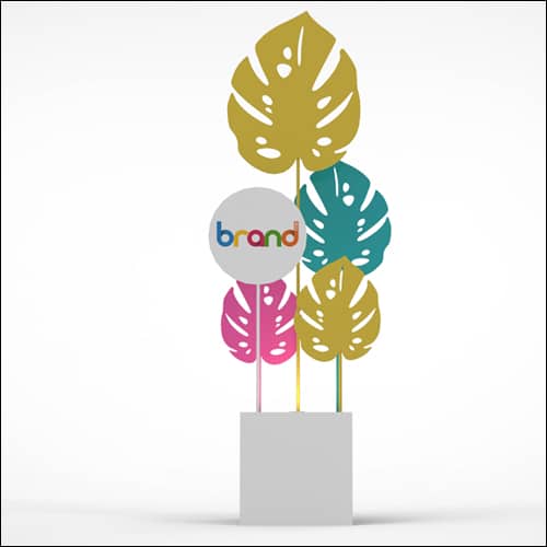 Monstera Upright Palm Design with Cube Pedestal (4 Oversized Multi Color Palms and Branding)