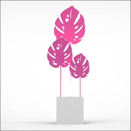 Monstera Upright Palm Design with Cube Pedestal (3 Oversized Pink Palms)