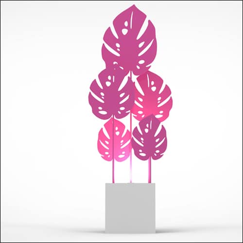 Monstera Upright Palm Design with Cube Pedestal (5 Oversized Pink Palms)