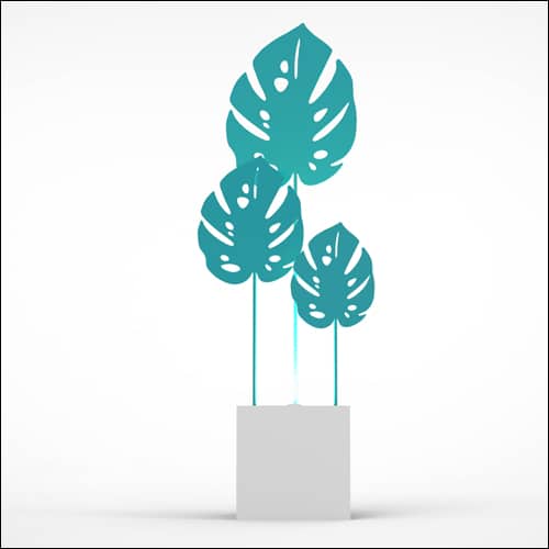 Monstera Upright Palm Design with Cube Pedestal (3 Oversized Teal Palms)