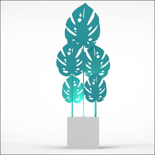 Monstera Upright Palm Design with Cube Pedestal (5 Oversized Teal Palms)