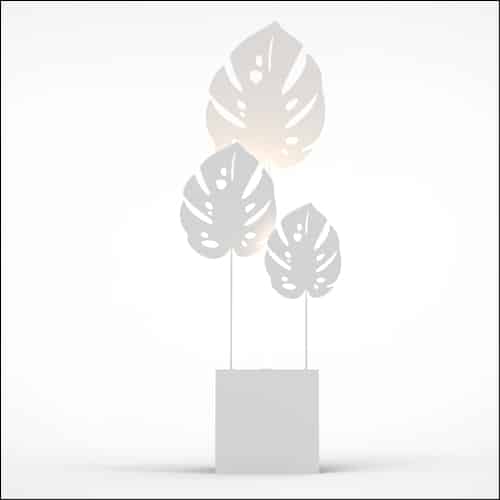 Monstera Upright Palm Design with Cube Pedestal (3 Oversized White Palms)