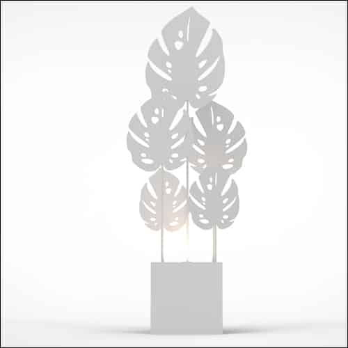 Monstera Upright Palm Design with Cube Pedestal (5 Oversized White Palms)