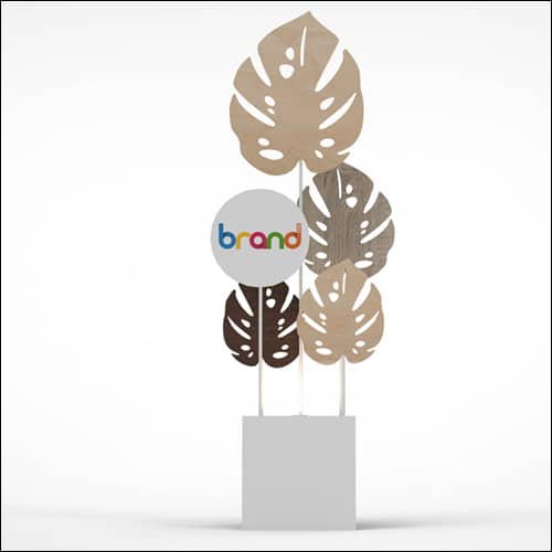 Monstera Upright Palm Design with Cube Pedestal (4 Oversized Wooden Palms and Branding)