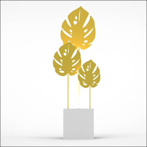 Monstera Upright Palm Design with Cube Pedestal (3 Oversized Yellow Palms)