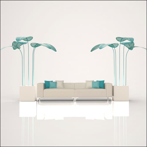 alt="SOBE Modular Lounge Sofa with Teal Palm End Tables" alt="Teal palm end tables included with modular lounge sofa" alt="Event lounge furniture with oversized palm accents"