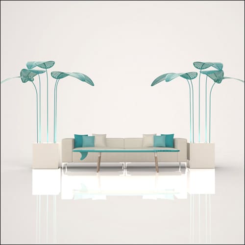 alt="SOBE Modular Lounge Sofa with Teal Palm End Tables" alt="Teal palm end tables included with modular lounge sofa" alt="Event lounge furniture with oversized palm accents"