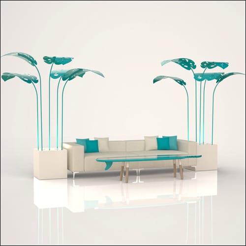 SOBE 2Pc Event Sofa Lounge Seating - Teal Monstera Palm End Tables