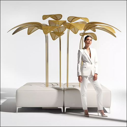White L-Shaped Ottoman Island with Areca Palms - SOBE Luxury Lounge Seating Rental