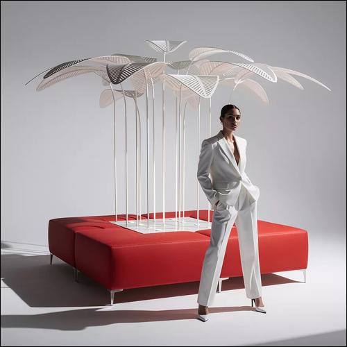 Red L-Shaped Ottoman Island with Areca Palms - SOBE Luxury Lounge Seating Rental