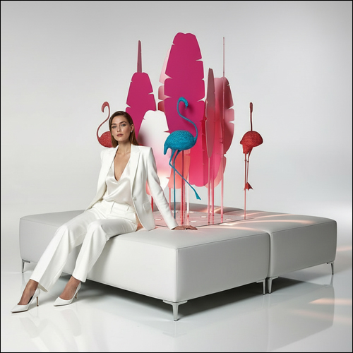 White L-Shaped Ottoman Island with Banana Palms & Flamingos - SOBE Luxury Lounge Seating Rental