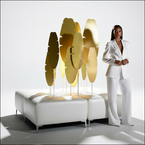 White L-Shaped Ottoman Island with Banana Palms - SOBE Luxury Lounge Seating Rental
