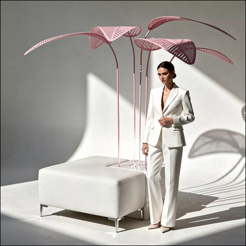 White L-Shaped Ottoman with Areca Palms - SOBE Luxury Lounge Seating Rental