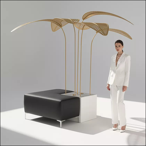 Black L-Shaped Ottoman with Areca Palms - SOBE Luxury Lounge Seating Rental