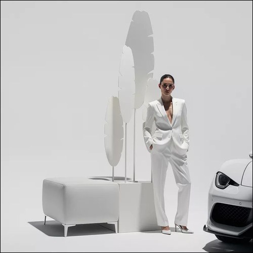White L-Shaped Ottoman with Banana Palms - SOBE Luxury Lounge Seating Rental-White-Color Palms