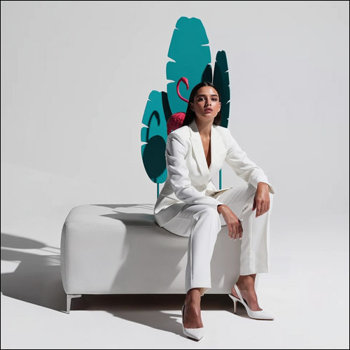 White L-Shaped Ottoman with Banana Palms & Flamingo- SOBE Luxury Lounge Seating Rental-Teal Palms-Pink Flamingo